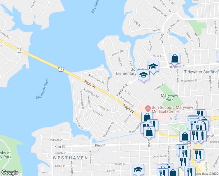 map of restaurants, bars, coffee shops, grocery stores, and more near 116 Riverside Drive in Portsmouth