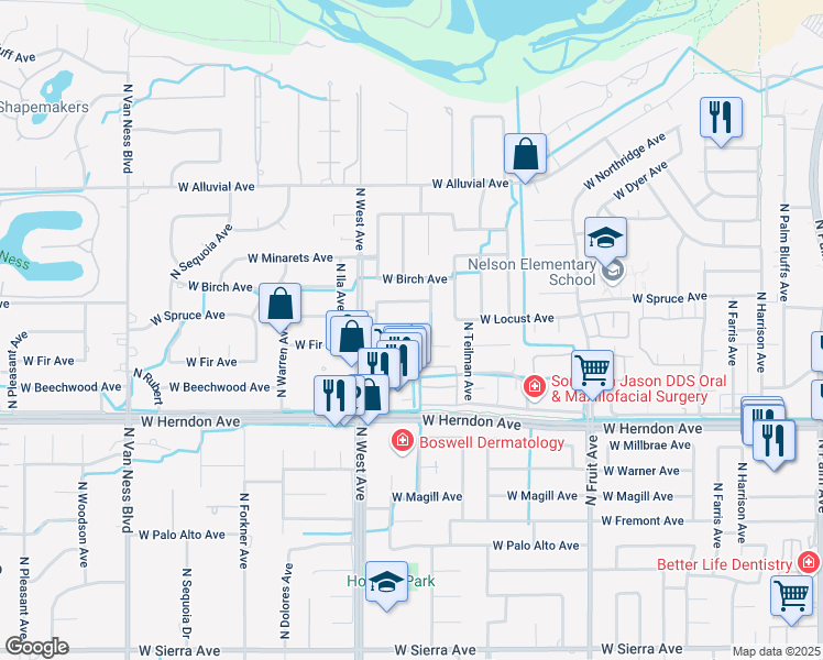 map of restaurants, bars, coffee shops, grocery stores, and more near 1721 West Locust Avenue in Fresno