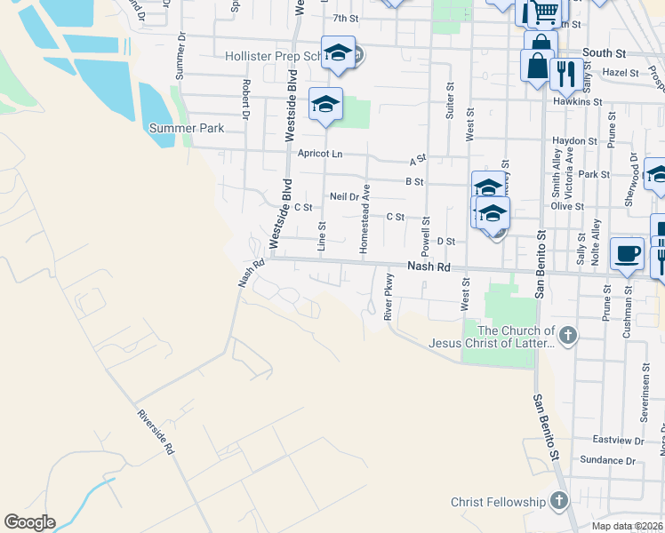 map of restaurants, bars, coffee shops, grocery stores, and more near 881 Nash Road in Hollister