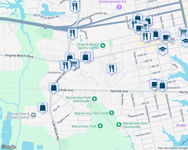 map of restaurants, bars, coffee shops, grocery stores, and more near 1013 Coastaway Drive in Virginia Beach