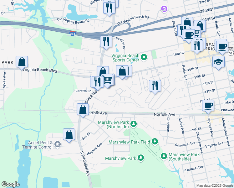 map of restaurants, bars, coffee shops, grocery stores, and more near 1008 River Birch Court in Virginia Beach
