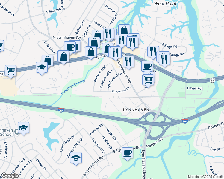 map of restaurants, bars, coffee shops, grocery stores, and more near 2840 Pinewood Drive in Virginia Beach