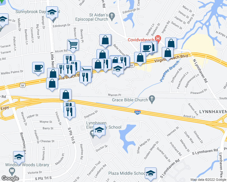 map of restaurants, bars, coffee shops, grocery stores, and more near 3429 Warren Place in Virginia Beach