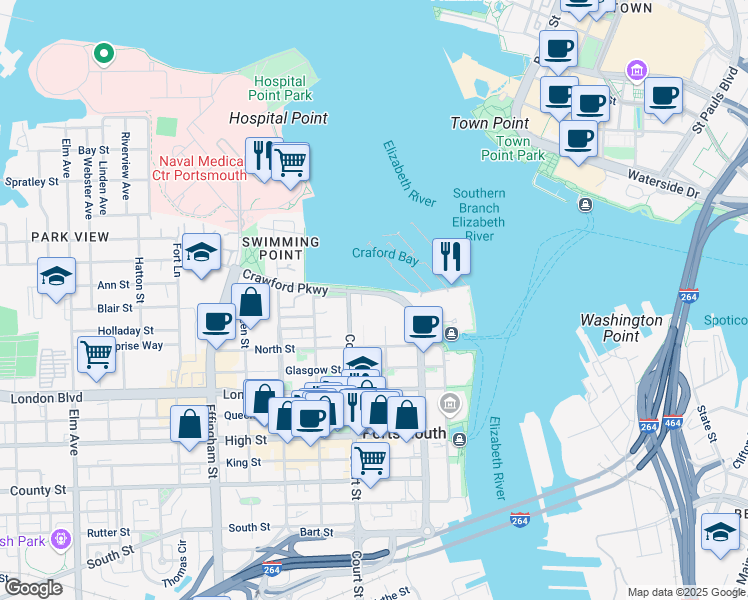 map of restaurants, bars, coffee shops, grocery stores, and more near in Portsmouth