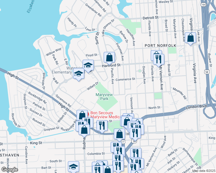 map of restaurants, bars, coffee shops, grocery stores, and more near 3501 Commerce Street in Portsmouth