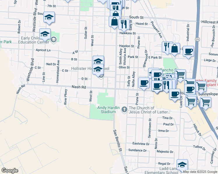 map of restaurants, bars, coffee shops, grocery stores, and more near 350 Nash Road in Hollister
