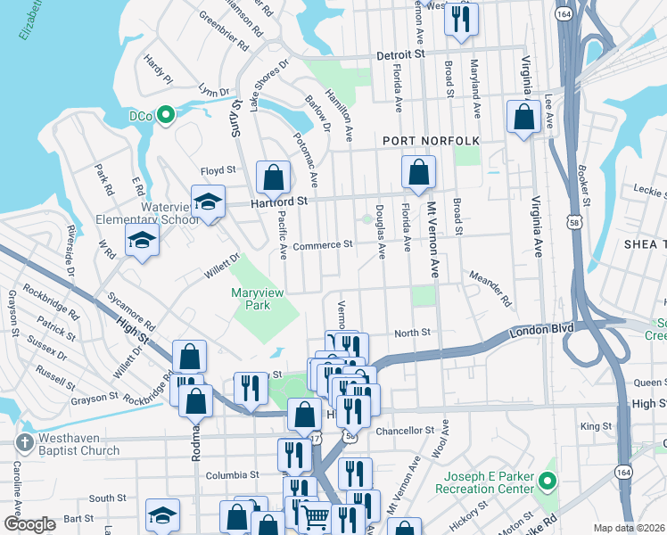 map of restaurants, bars, coffee shops, grocery stores, and more near 812 Vermont Avenue in Portsmouth