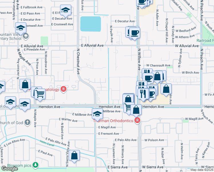map of restaurants, bars, coffee shops, grocery stores, and more near 2688 East Sean Avenue in Fresno
