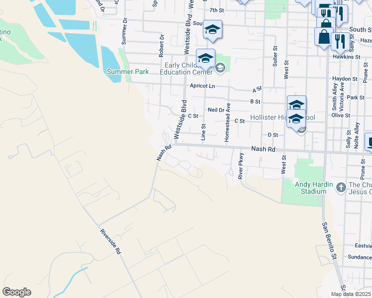 map of restaurants, bars, coffee shops, grocery stores, and more near 971 Nash Road in Hollister
