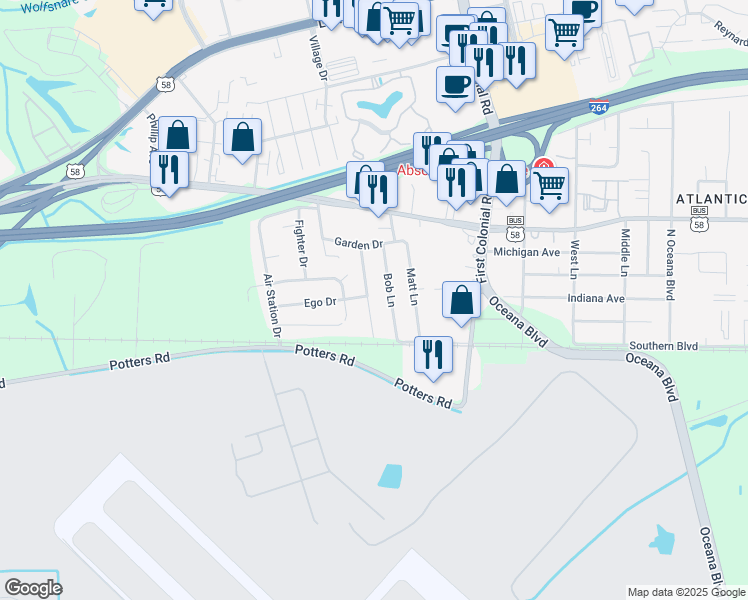 map of restaurants, bars, coffee shops, grocery stores, and more near 122 Lavergne Ln in Virginia Beach
