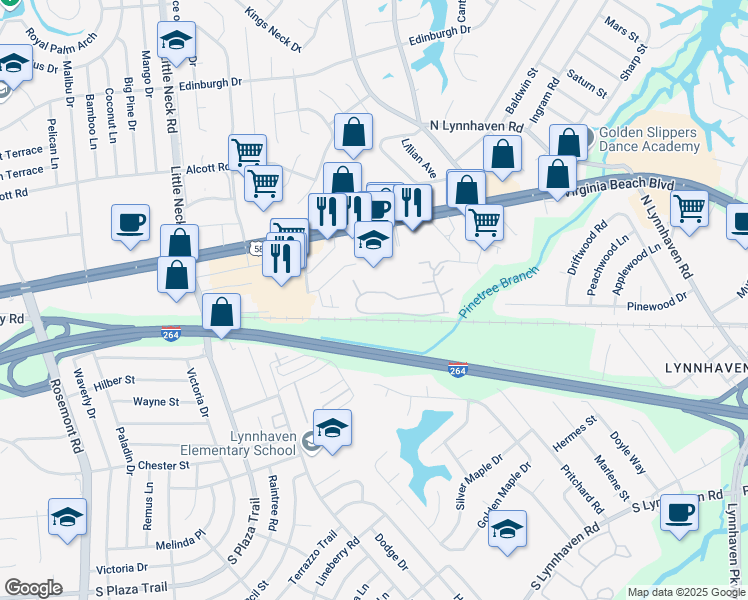 map of restaurants, bars, coffee shops, grocery stores, and more near 3429 Warren Place in Virginia Beach