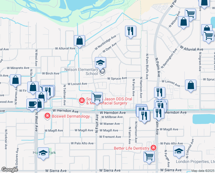 map of restaurants, bars, coffee shops, grocery stores, and more near 7166 North Fruit Avenue in Fresno