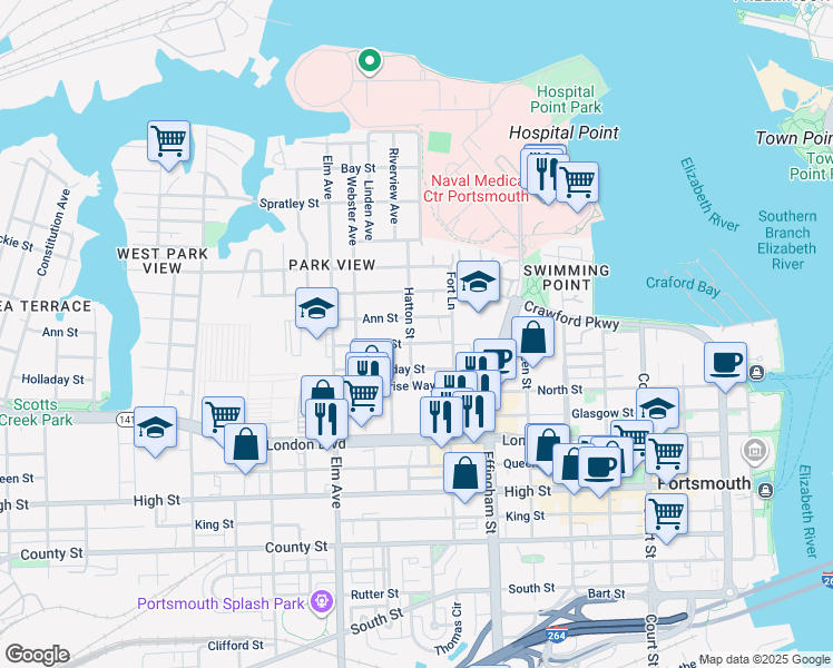 map of restaurants, bars, coffee shops, grocery stores, and more near 273 Hatton Street in Portsmouth