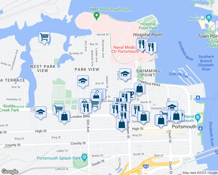 map of restaurants, bars, coffee shops, grocery stores, and more near 273 Hatton Street in Portsmouth