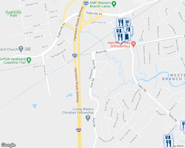 map of restaurants, bars, coffee shops, grocery stores, and more near 3003 Big Bend Drive in Chesapeake