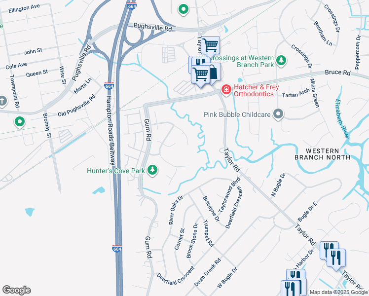 map of restaurants, bars, coffee shops, grocery stores, and more near 4604 Drum Point Lane in Chesapeake