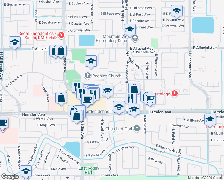 map of restaurants, bars, coffee shops, grocery stores, and more near 1834 East Fir Avenue in Fresno