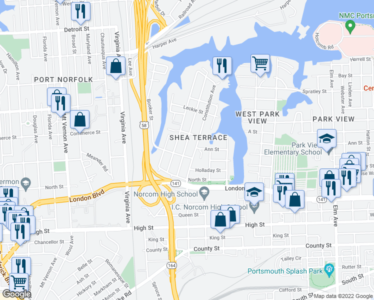 map of restaurants, bars, coffee shops, grocery stores, and more near 249 Idlewood Avenue in Portsmouth