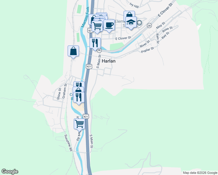 map of restaurants, bars, coffee shops, grocery stores, and more near 215 Horton Street in Harlan