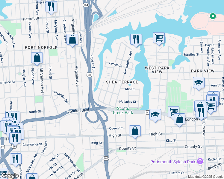 map of restaurants, bars, coffee shops, grocery stores, and more near 256 Idlewood Avenue in Portsmouth