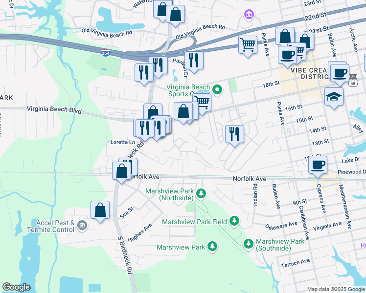 map of restaurants, bars, coffee shops, grocery stores, and more near 1005 Birch Lake Crescent in Virginia Beach