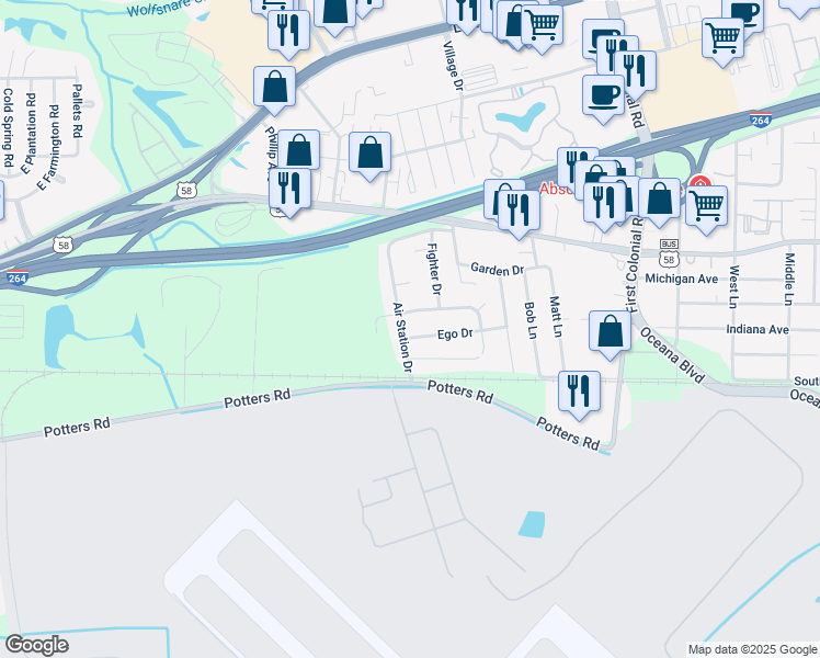 map of restaurants, bars, coffee shops, grocery stores, and more near 1860 Ego Drive in Virginia Beach
