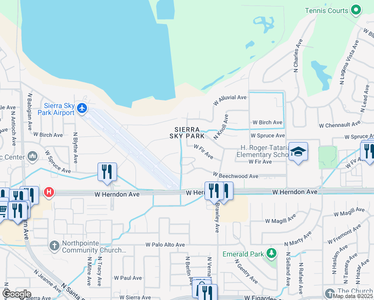 map of restaurants, bars, coffee shops, grocery stores, and more near 3909 West Fir Avenue in Fresno