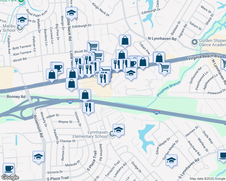map of restaurants, bars, coffee shops, grocery stores, and more near 206 Rosegate Place in Virginia Beach