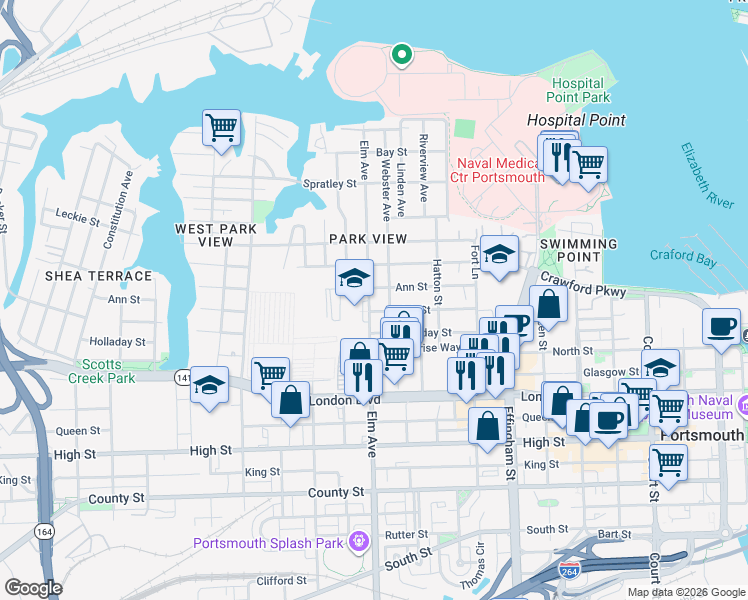 map of restaurants, bars, coffee shops, grocery stores, and more near 280 Webster Avenue in Portsmouth