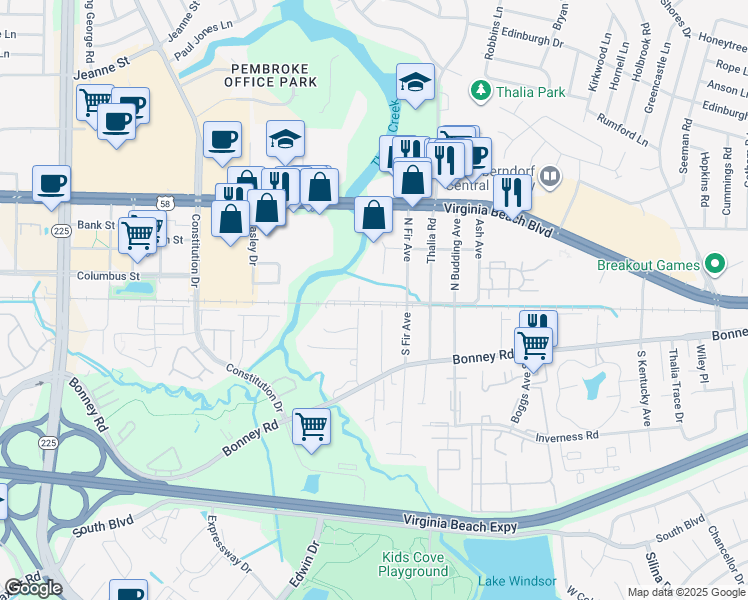 map of restaurants, bars, coffee shops, grocery stores, and more near 4348 Southern Boulevard in Virginia Beach
