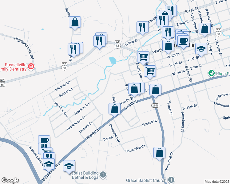 map of restaurants, bars, coffee shops, grocery stores, and more near 712 West 7th Street in Russellville