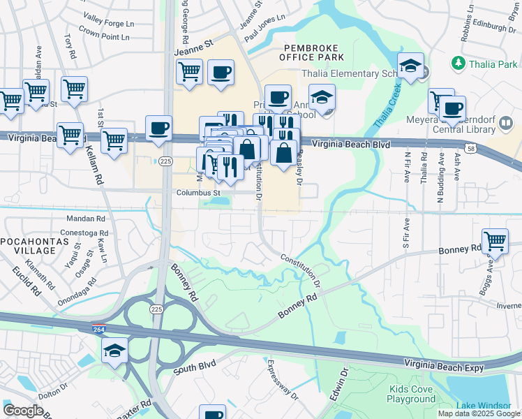 map of restaurants, bars, coffee shops, grocery stores, and more near 136 Constitution Drive in Virginia Beach