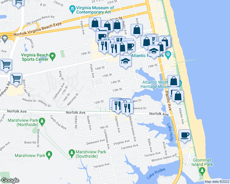 map of restaurants, bars, coffee shops, grocery stores, and more near 612 13th Street in Virginia Beach