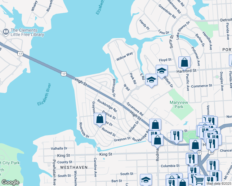 map of restaurants, bars, coffee shops, grocery stores, and more near 116 Riverside Drive in Portsmouth