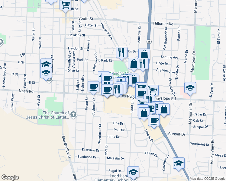 map of restaurants, bars, coffee shops, grocery stores, and more near 460 Tres Pinos Road in Hollister