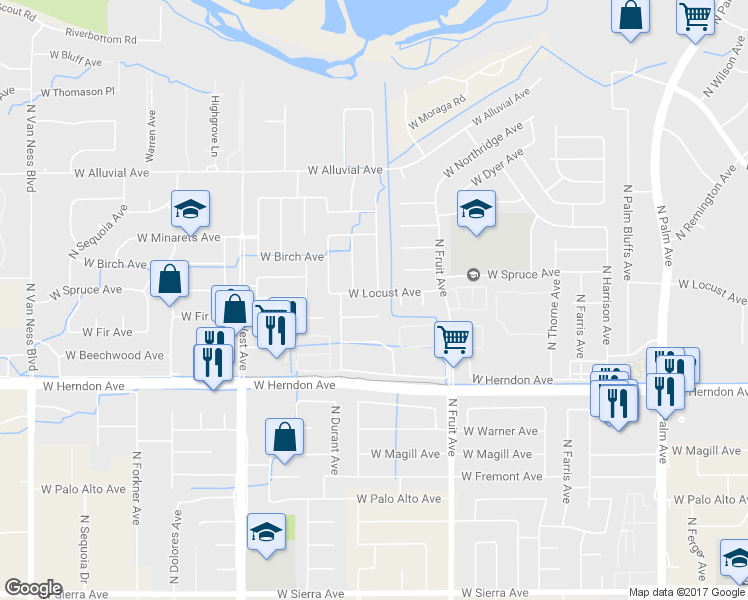 map of restaurants, bars, coffee shops, grocery stores, and more near 1533 West Locust Avenue in Fresno