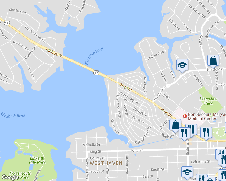 map of restaurants, bars, coffee shops, grocery stores, and more near 417 Riverside Drive in Portsmouth