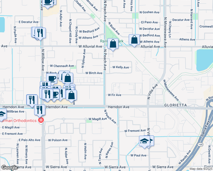 map of restaurants, bars, coffee shops, grocery stores, and more near 530 North Bush Avenue in Clovis