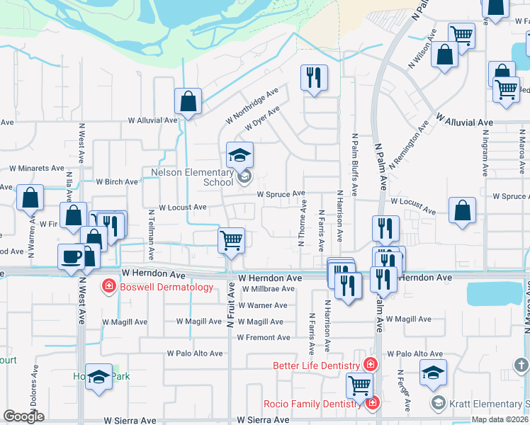 map of restaurants, bars, coffee shops, grocery stores, and more near 7166 North Fruit Avenue in Fresno