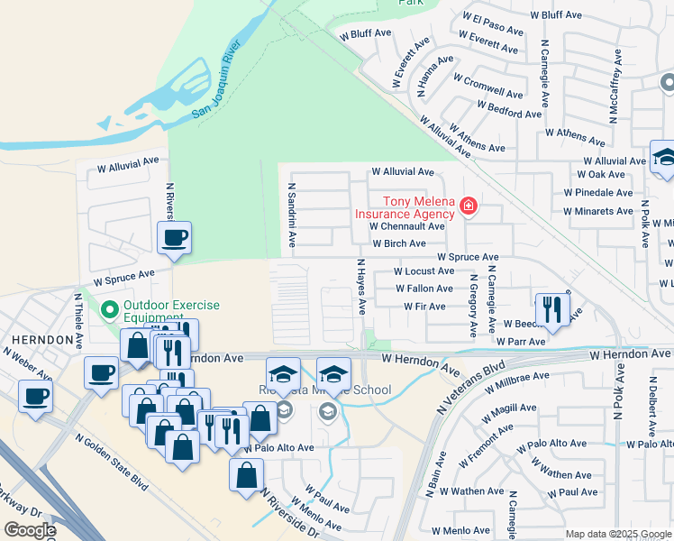 map of restaurants, bars, coffee shops, grocery stores, and more near 6161 West Spruce Avenue in Fresno