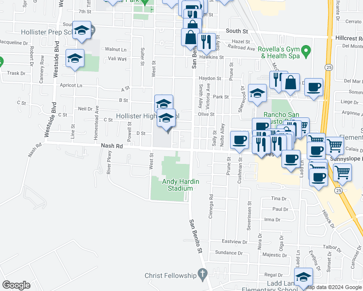 map of restaurants, bars, coffee shops, grocery stores, and more near 384 Nash Road in Hollister