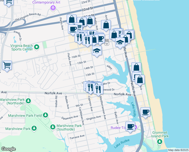 map of restaurants, bars, coffee shops, grocery stores, and more near 608 13th Street in Virginia Beach
