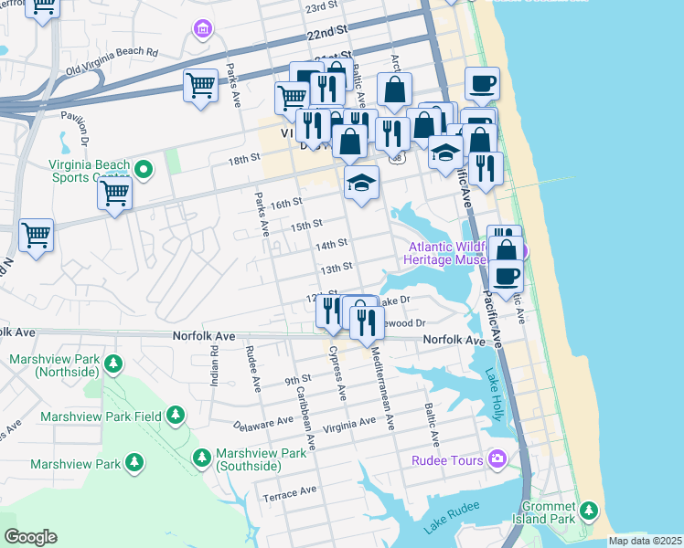 map of restaurants, bars, coffee shops, grocery stores, and more near 608 13th Street in Virginia Beach