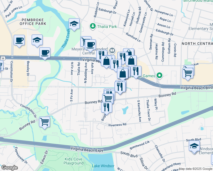 map of restaurants, bars, coffee shops, grocery stores, and more near 4208 Thalia Station Circle in Virginia Beach