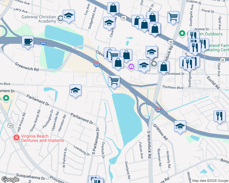 map of restaurants, bars, coffee shops, grocery stores, and more near 5263 Greenwich Road in Virginia Beach