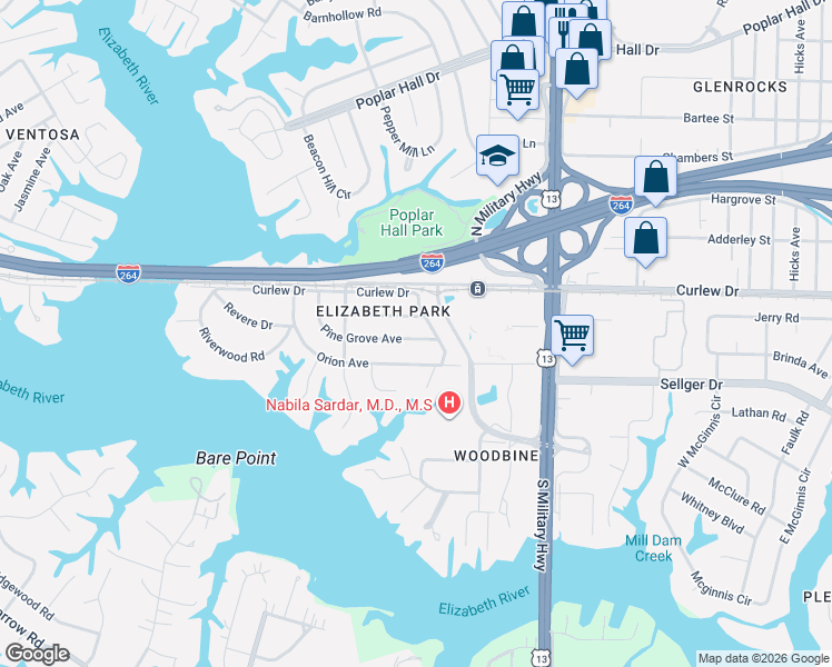 map of restaurants, bars, coffee shops, grocery stores, and more near 5470 Pine Grove Avenue in Norfolk