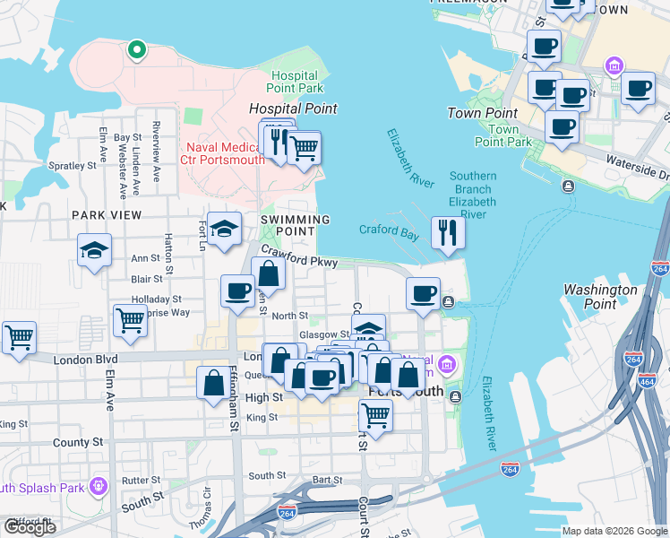 map of restaurants, bars, coffee shops, grocery stores, and more near 415 Waverly Boulevard in Portsmouth