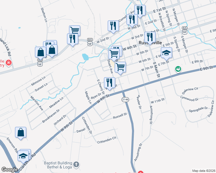 map of restaurants, bars, coffee shops, grocery stores, and more near 660 West 8th Street in Russellville