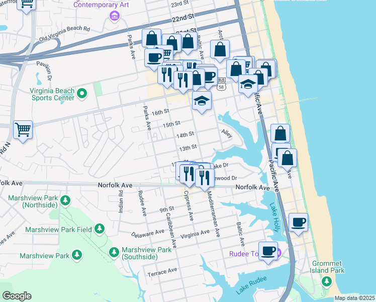 map of restaurants, bars, coffee shops, grocery stores, and more near 608 13th Street in Virginia Beach