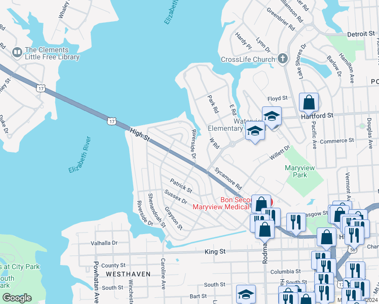 map of restaurants, bars, coffee shops, grocery stores, and more near 199 Riverside Drive in Portsmouth